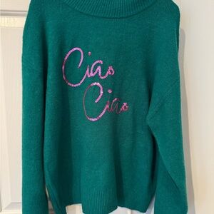 a new day Teal Sweater with Pink Script